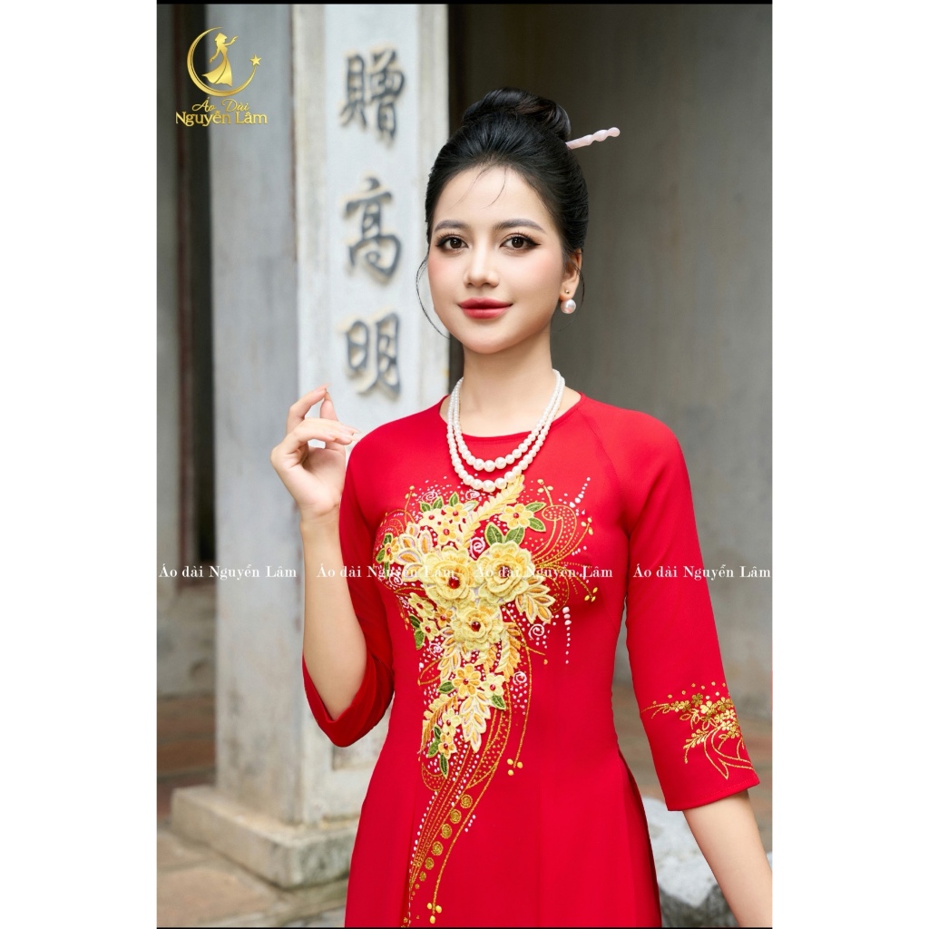 [GIẢM 40K] Áo Dài Lụa Dính Hoa, Vẽ Thủ Công Lấp Lánh A60 Màu Đỏ - Áo Dài Cho Mẹ [CO GIÃN NHẸ, THẤM HÚT] Nữ Women Dress