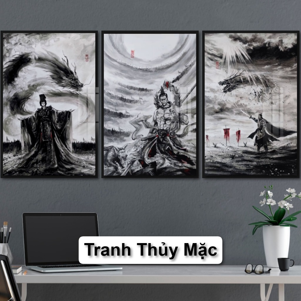 Tranh Thủy Mặc Tam Quốc Tráng Gương Có Khung Phiên Bản Gỗ Cao Cấp Treo Tường Phòng Khách Không Gian Làm Việc, Quà Tặng