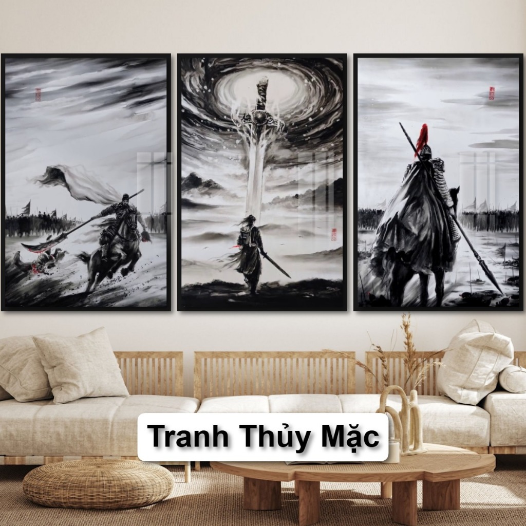 Tranh Tam Quốc Thủy Mặc Tráng Gương Có Khung Phiên Bản Gỗ Cao Cấp Treo Tường Phòng Khách Không Gian Làm Việc