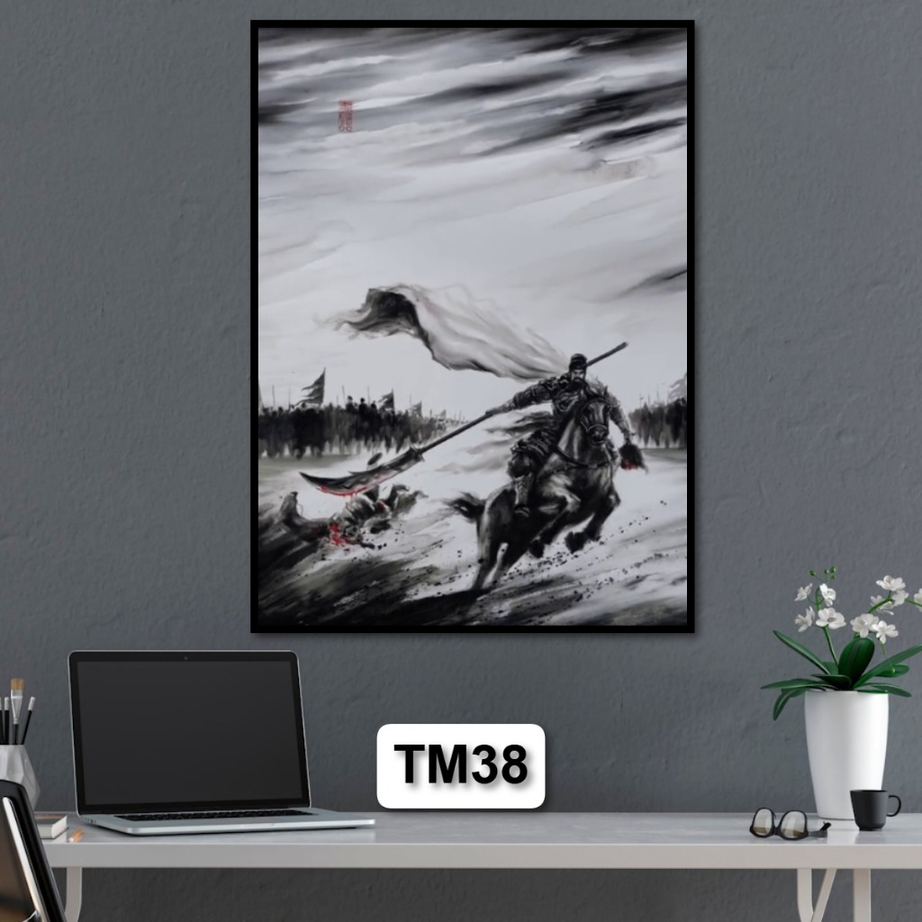 Tranh Tam Quốc Thủy Mặc Tráng Gương Có Khung Phiên Bản Gỗ Cao Cấp Treo Tường Phòng Khách Không Gian Làm Việc