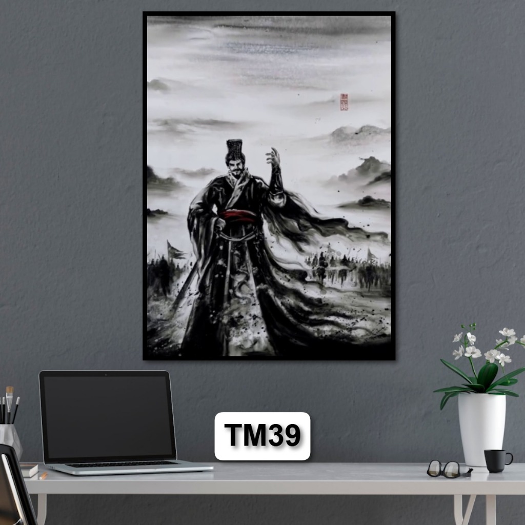 Tranh Tam Quốc Thủy Mặc Tráng Gương Có Khung Phiên Bản Gỗ Cao Cấp Treo Tường Phòng Khách Không Gian Làm Việc