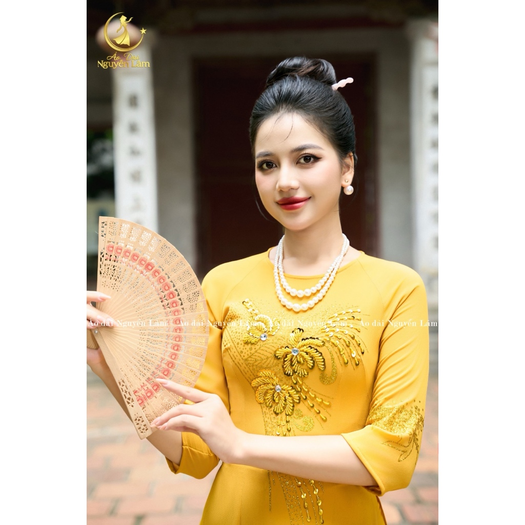 [GIẢM 40K]  Áo dài Lụa đính hoa vẽ thủ công lấp lánh - A61 Màu vàng [CO GIÃN NHẸ, THẤM HÚT] Nữ Women Dress