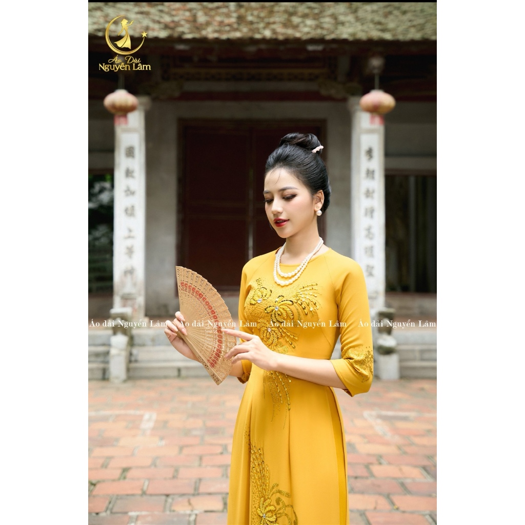[GIẢM 40K]  Áo dài Lụa đính hoa vẽ thủ công lấp lánh - A61 Màu vàng [CO GIÃN NHẸ, THẤM HÚT] Nữ Women Dress