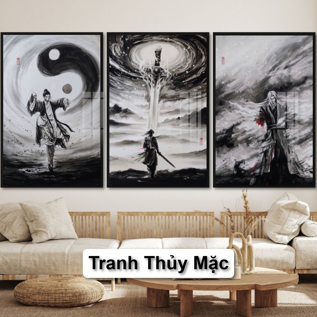 Tranh Gỗ Thủy Mặc Tranh Tam Quốc Tráng Gương Có Khung Bản Cao Cấp