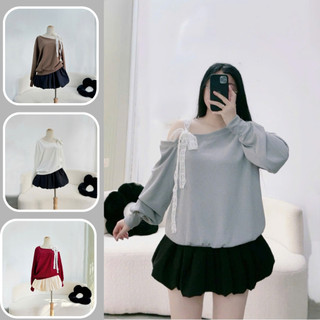 Áo sweater bigsize nữ tay dài lệch vai thắt nơ ren 1 bên chất thun ruby mặc thoải mái phong cách dễ thương G176