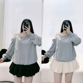Áo sweater bigsize nữ tay dài lệch vai thắt nơ ren 1 bên chất thun ruby mặc thoải mái phong cách dễ thương G176