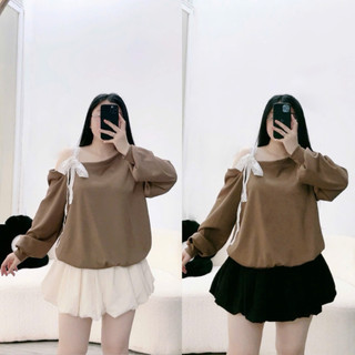 Áo sweater bigsize nữ tay dài lệch vai thắt nơ ren 1 bên chất thun ruby mặc thoải mái phong cách dễ thương G176