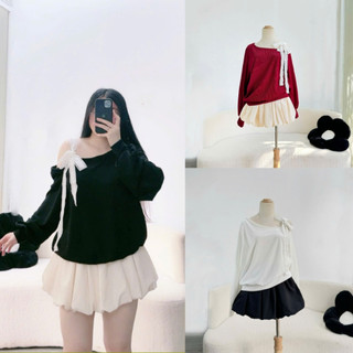 Áo sweater bigsize nữ tay dài lệch vai thắt nơ ren 1 bên chất thun ruby mặc thoải mái phong cách dễ thương G176