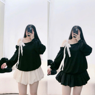 Áo sweater bigsize nữ tay dài lệch vai thắt nơ ren 1 bên chất thun ruby mặc thoải mái phong cách dễ thương G176
