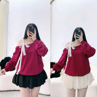 Áo sweater bigsize nữ tay dài lệch vai thắt nơ ren 1 bên chất thun ruby mặc thoải mái phong cách dễ thương G176