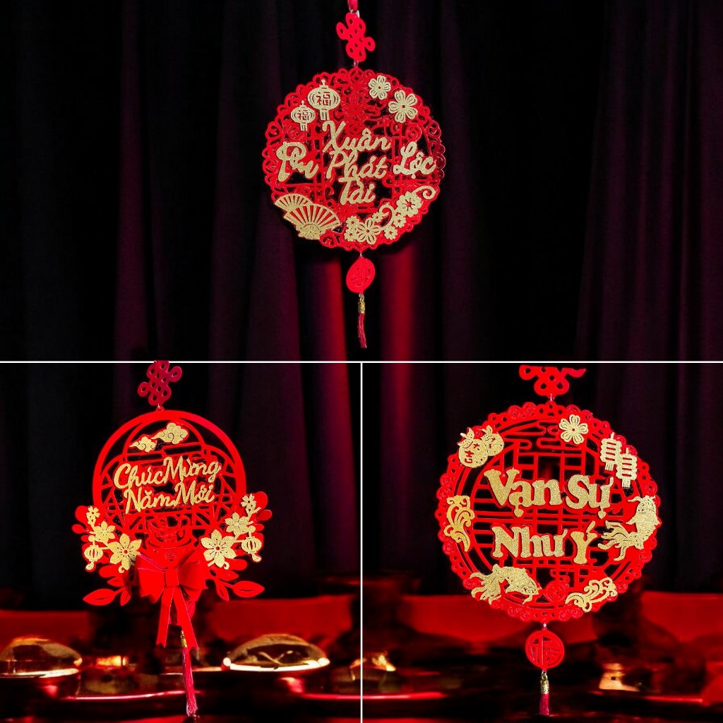 Liễn Treo trang trí tết Khánh nhung mẫu chữ 2025 , Dải decor tết treo