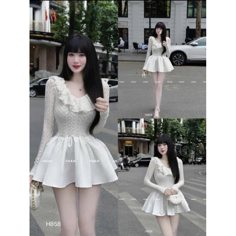 Đầm Xoè Ren Cổ V Bèo Dài Tay Đầm Ren Cổ Sen Bèo Dáng Xoè Tiểu Thư Sang ...