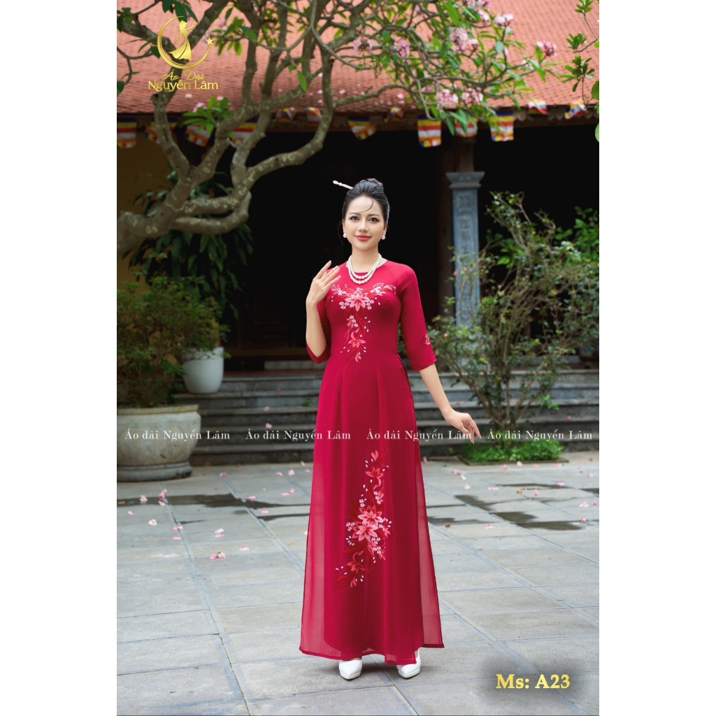 [MÃ GIẢM 100K] Áo Dài Lụa Thêu, Áo Dài Cho Mẹ Cao Cấp Chất Lụa Thêu Tay Tỉ Mỉ Màu A23 Đỏ Đô - Áo Dài Nguyễn Lâm
