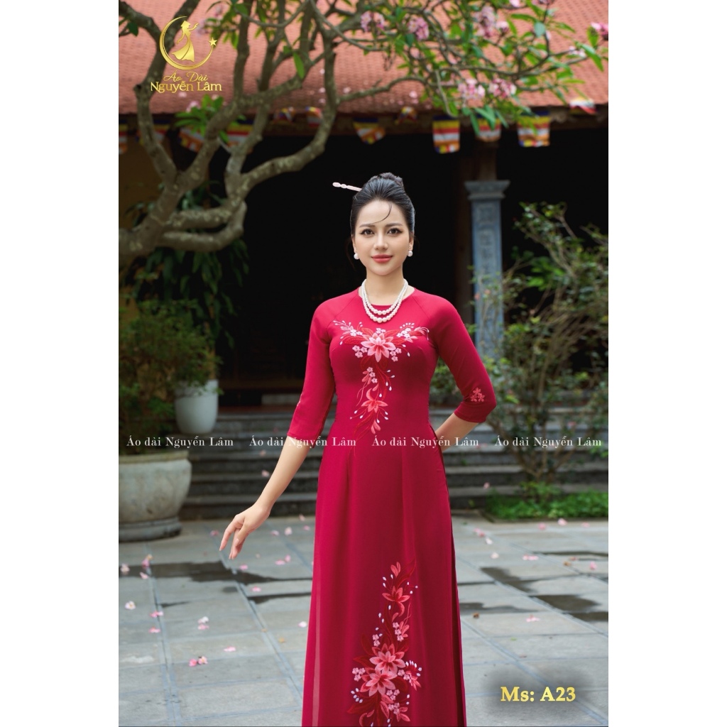[MÃ GIẢM 100K] Áo Dài Lụa Thêu, Áo Dài Cho Mẹ Cao Cấp Chất Lụa Thêu Tay Tỉ Mỉ Màu A23 Đỏ Đô - Áo Dài Nguyễn Lâm