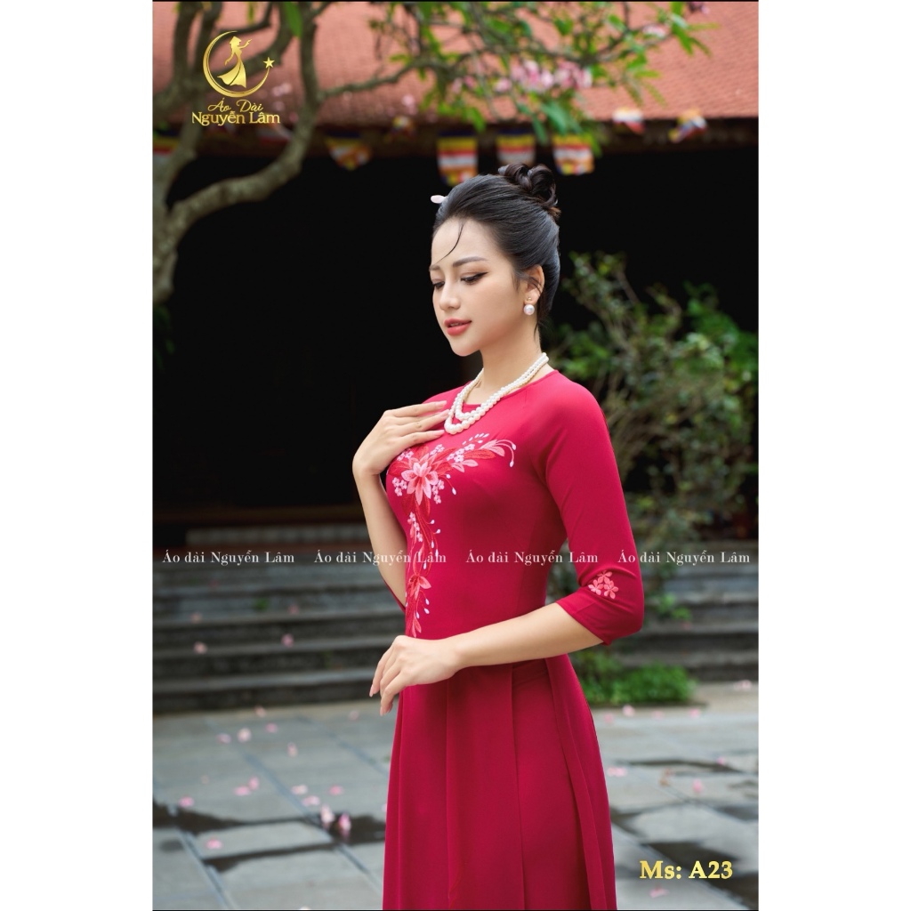 [MÃ GIẢM 100K] Áo Dài Lụa Thêu, Áo Dài Cho Mẹ Cao Cấp Chất Lụa Thêu Tay Tỉ Mỉ Màu A23 Đỏ Đô - Áo Dài Nguyễn Lâm