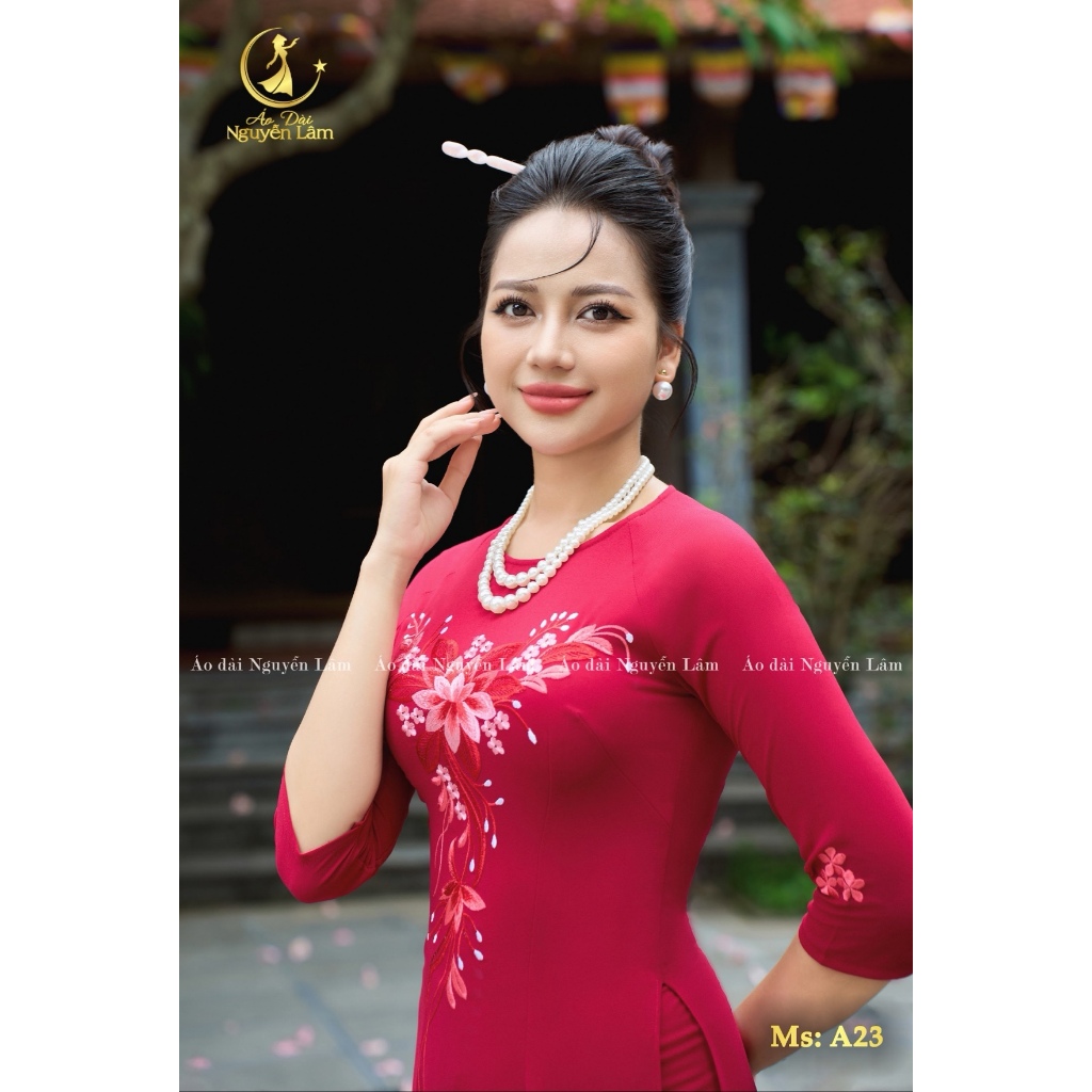 [MÃ GIẢM 100K] Áo Dài Lụa Thêu, Áo Dài Cho Mẹ Cao Cấp Chất Lụa Thêu Tay Tỉ Mỉ Màu A23 Đỏ Đô - Áo Dài Nguyễn Lâm