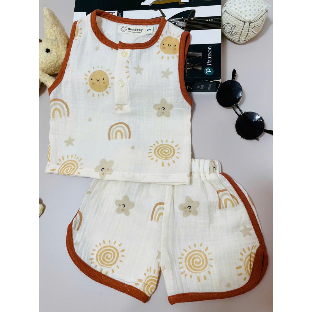 Bộ sát nách cho bé Kunbaby chất xô muslin cao cấp họa tiết dễ thương,size từ 0m-20kg.