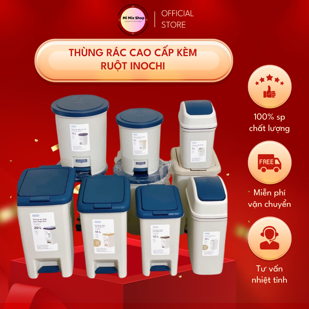 Thùng rác INOCHI (kèm ruột) đạp chữ nhật 10L-15L-20L-30L, tròn 6L-12L ...