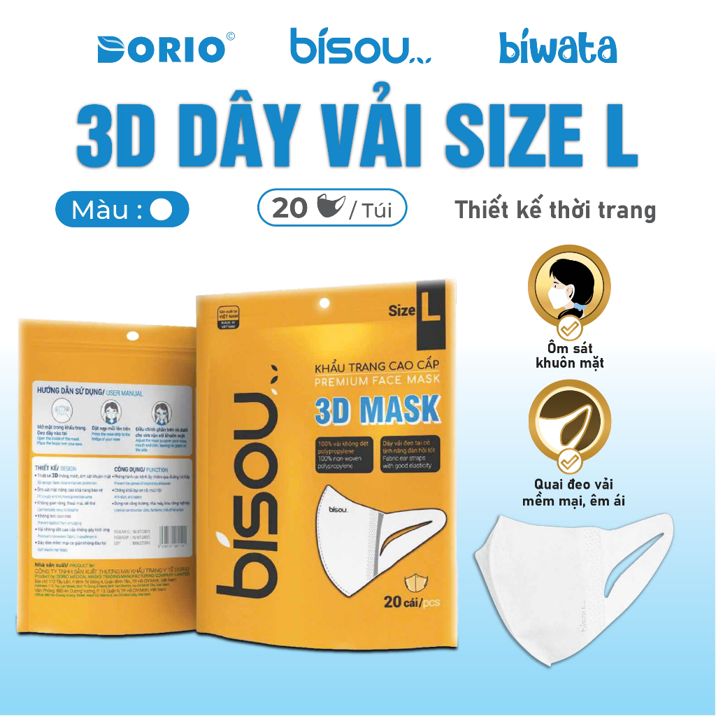 Túi 20 cái khẩu trang cao cấp 3D dây vải size M hiệu BISOU