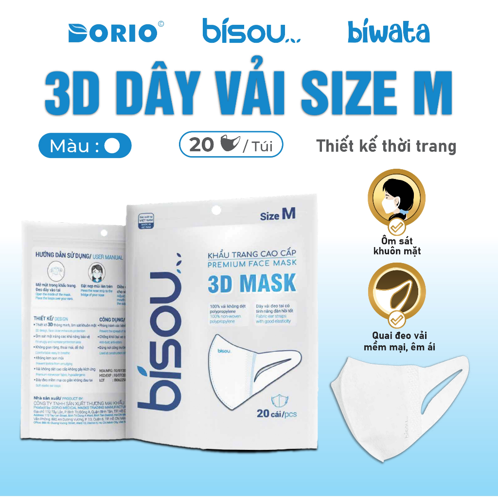 Túi 20 cái khẩu trang cao cấp 3D dây vải size L hiệu BISOU