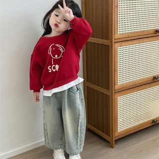 Áo nỉ cho bé Batala Kids, Áo SWEATER nỉ bông cho bé trai bé gái MÀU ĐỎ in hình chú CÚN SCOUT thu đông 2024