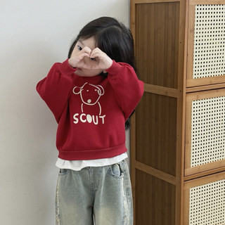 Áo nỉ cho bé Batala Kids, Áo SWEATER nỉ bông cho bé trai bé gái MÀU ĐỎ in hình chú CÚN SCOUT thu đông 2024