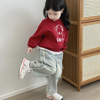 Áo nỉ cho bé Batala Kids, Áo SWEATER nỉ bông cho bé trai bé gái MÀU ĐỎ in hình chú CÚN SCOUT thu đông 2024
