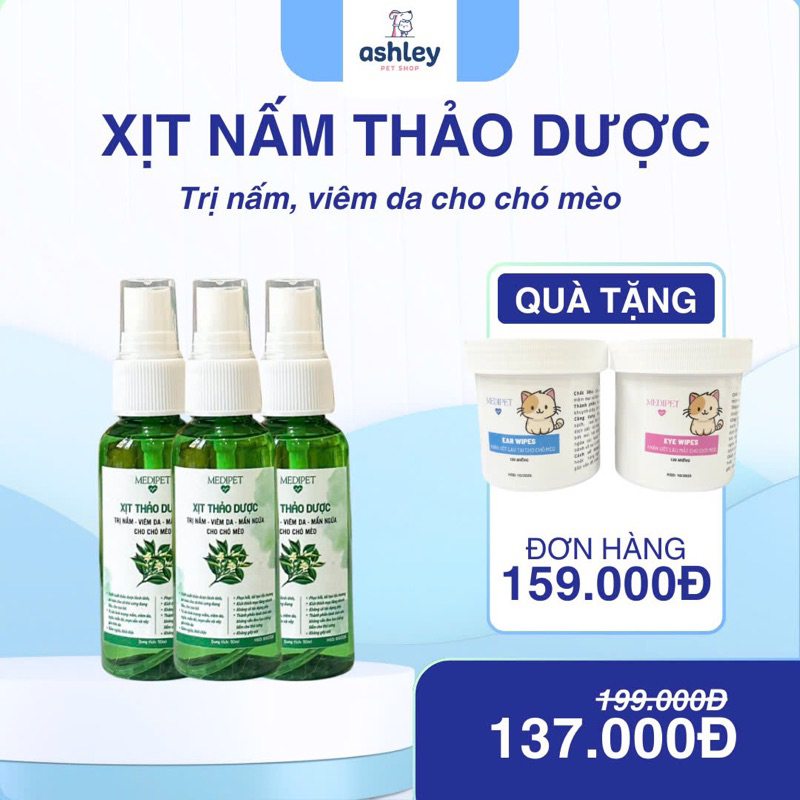 Xịt ngứa nấm chó mèo chiết xuất thiên nhiên MEDIPET nấm, viêm da, ve rận cho chó mèo an toàn lành tính