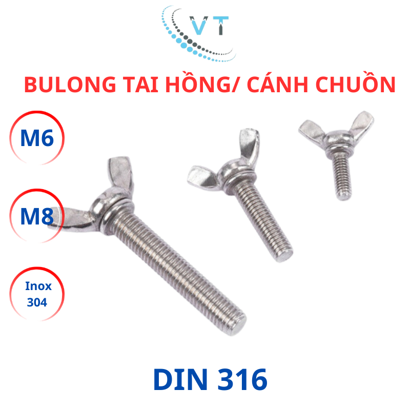 Bulong tai hồng cánh chuồn Inox 304 M6 M8 dài từ 15mm - 40mm