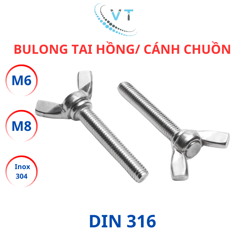 Bulong tai hồng cánh chuồn Inox 304 M6 M8 dài từ 15mm - 40mm