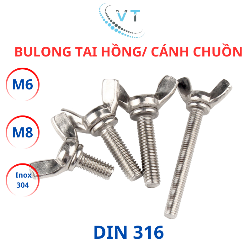 Bulong tai hồng cánh chuồn Inox 304 M6 M8 dài từ 15mm - 40mm
