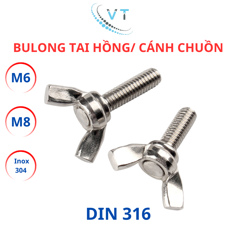 Bulong tai hồng cánh chuồn Inox 304 M6 M8 dài từ 15mm - 40mm