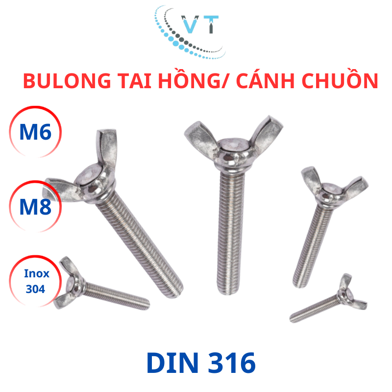 Bulong tai hồng cánh chuồn Inox 304 M6 M8 dài từ 15mm - 40mm