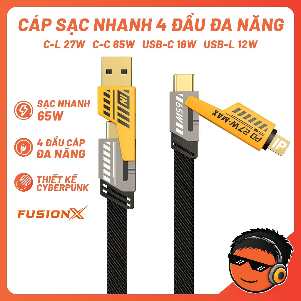 Cáp sạc nhanh 4 in 1, dây sạc nhanh 4 đầu tiện lơi: C to L 27W, C to C 60W, USB to C, USB to L, copy file cho lp Samsung