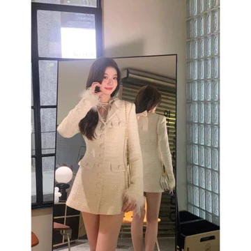 Bling Tweed Dress-Váy Dạ Tweed, Váy Dạ Kim Sa Cúc Bọc Cao Cấp Tay Phối Lông Vũ Phong Cách Hàn Quốc