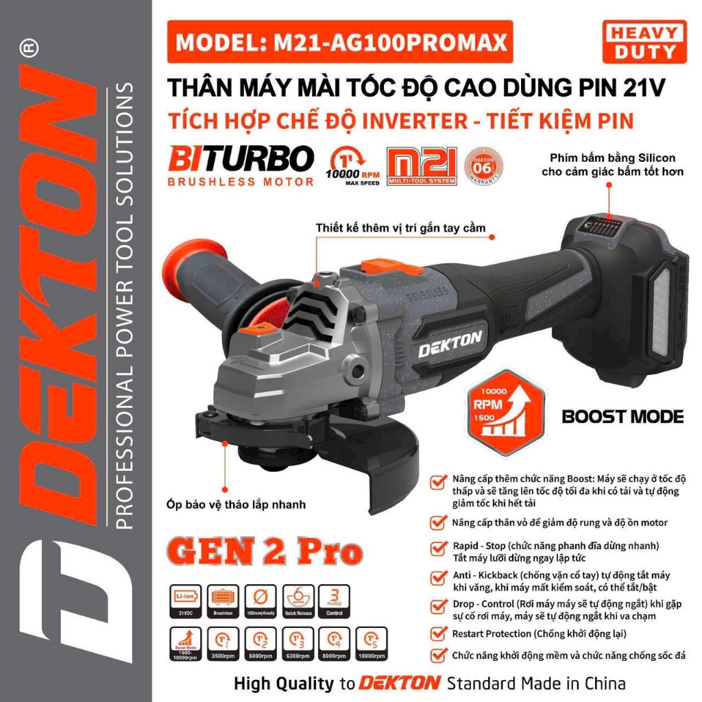 Thân Máy Mài Góc Dùng Pin 21V Dekton M21-AG100PROMAX - Tốc 10000 vòng/phút - Motor Brushless - Chân Pin Phổ Thông