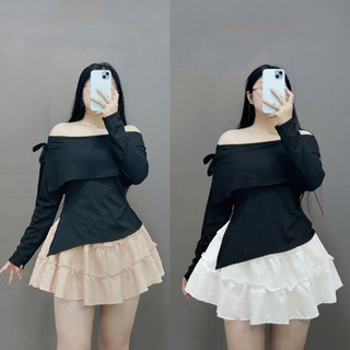 Set tiểu thư bigsize nữ áo trễ vai tay dài vải tăm kèm chân váy xòe chất xốp đũi thời trang thanh lịch SET942