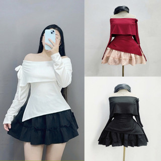 Set tiểu thư bigsize nữ áo trễ vai tay dài vải tăm kèm chân váy xòe chất xốp đũi thời trang thanh lịch SET942