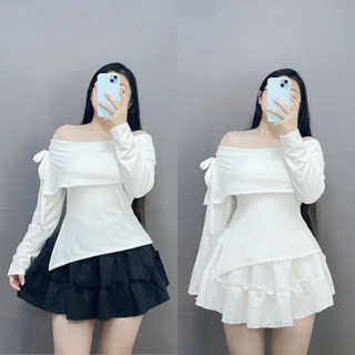 Set tiểu thư bigsize nữ áo trễ vai tay dài vải tăm kèm chân váy xòe chất xốp đũi thời trang thanh lịch SET942