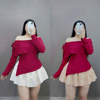 Set tiểu thư bigsize nữ áo trễ vai tay dài vải tăm kèm chân váy xòe chất xốp đũi thời trang thanh lịch SET942