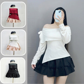 Set tiểu thư bigsize nữ áo trễ vai tay dài vải tăm kèm chân váy xòe chất xốp đũi thời trang thanh lịch SET942