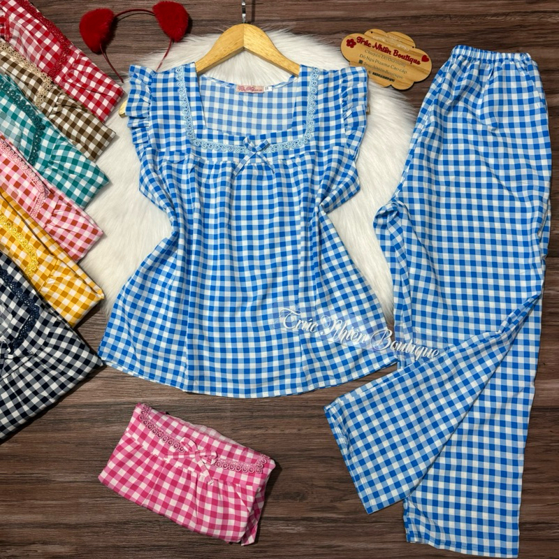 Bộ đồ mặc nhà quần dài 9 tấc lụa hàn hoạ tiết caro quần có 2 túi xéo phom dưới 40-75kg - B90