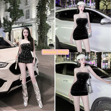 Váy nhung cúp ngực body họa tiết dúm eo - Váy ôm sexy sang chảnh, váy dự tiệc/quyến rũ đi chơi