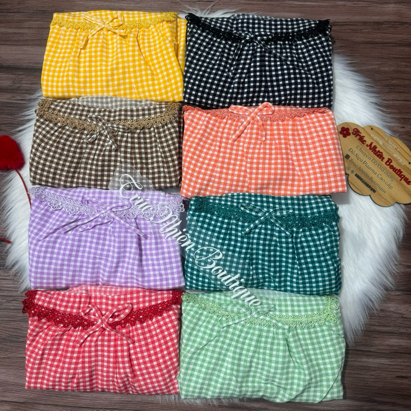 Bộ đồ mặc nhà quần dài 9 tấc lụa hàn hoạ tiết caro quần có 2 túi xéo phom dưới 40-75kg - B90