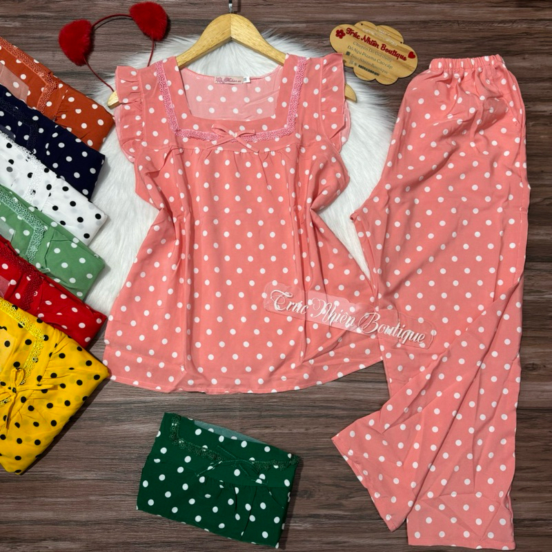 Bộ đồ mặc nhà quần dài 9 tấc lụa hàn hoạ tiết chấm bi quần có 2 túi phom dưới 40-75kg - B95