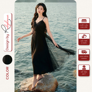 Váy maxi hai dây ren lưới chấm bi thiết kế Rubyhouse, đầm nữ đen 2 lớp quyến rũ