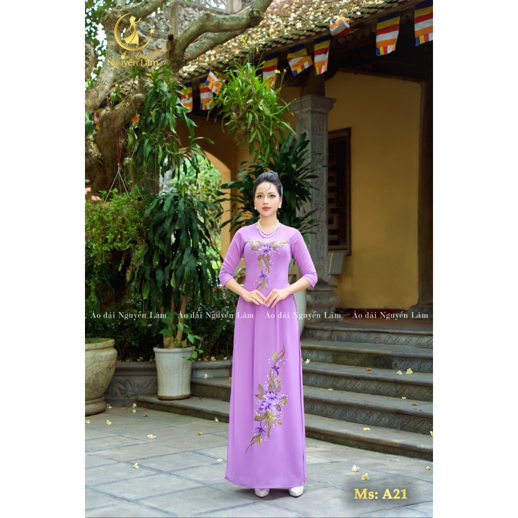 [GIẢM 40K] Áo Dài Lụa Thêu Tay Cao Cấp, Áo Dài Cho Mẹ, Áo Dài Cho Mẹ Sui Thêu Tay Tỉ Mỉ - A21 Tím Hoa Cà