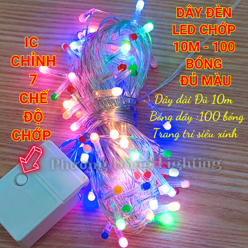 Dây Đèn LED chớp 10m - 100 bóng Trang trí Noel Đủ màu - Xanh Dương - Trắng - Vàng - Lá - Đỏ