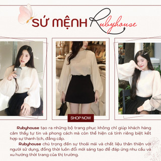 Áo tơ Rubyhouse cao cấp tay bồng màu kem tiểu thư, áo dài tay phồng bo chun