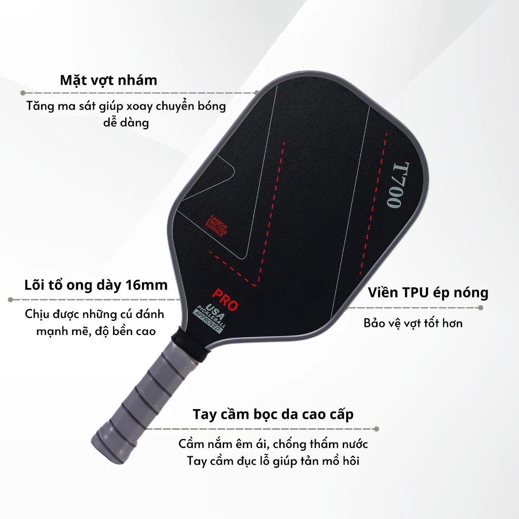 Vợt Pickleball T700 Pro Sợi Carbon Mặt Nhám Dày 16mm Công Thủ Toàn Diện Thiết Kế Rỗng Tiêu Chuẩn USAPA Bền Chất Lượng